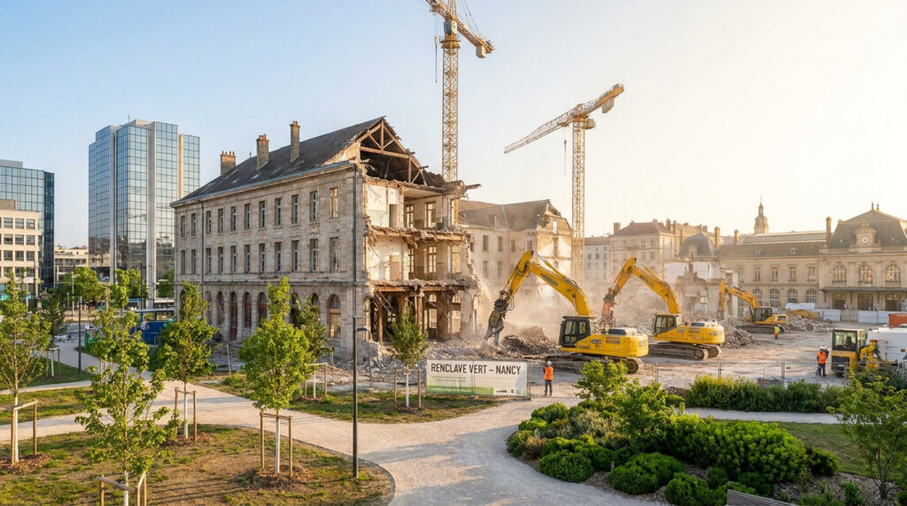Engins de chantier démolissant un bâtiment ancien de la caserne Joffre sous un ciel ensoleillé à Nancy.
