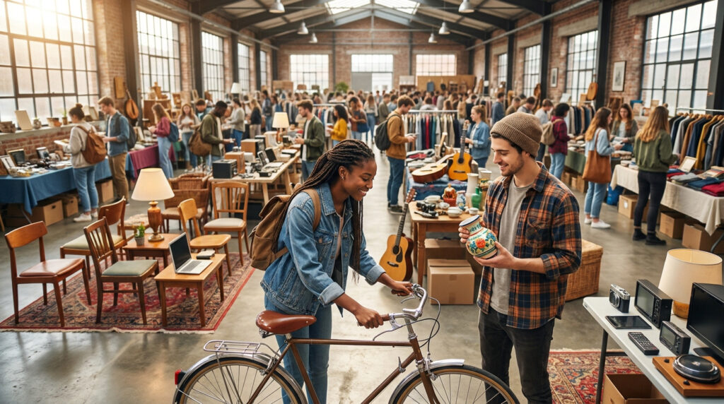 Jeunes adultes chinant des objets, un vélo et de la décoration dans une grande salle d'exposition style industriel.