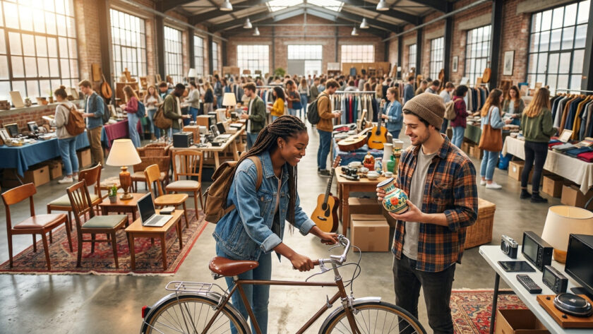 Jeunes adultes chinant des objets, un vélo et de la décoration dans une grande salle d'exposition style industriel.