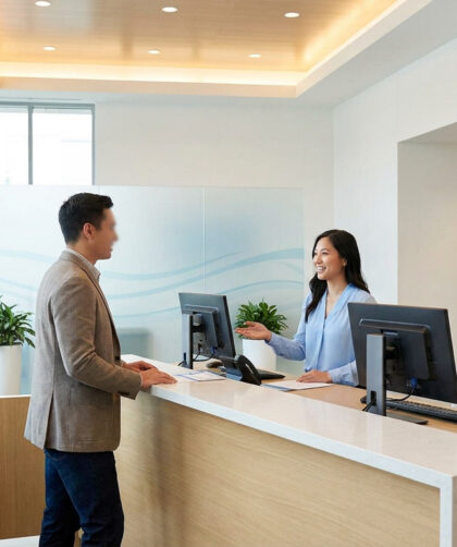 Une réceptionniste accueille un client devant un comptoir dans un espace moderne et lumineux.