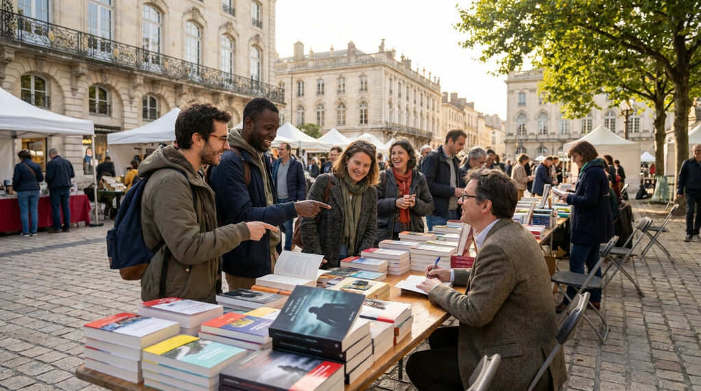 Auteur dédicaçant des livres sur la place Stanislas à Nancy avec des lecteurs souriants autour de lui.