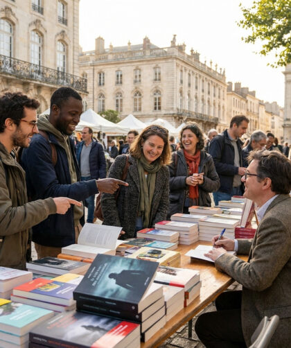 Auteur dédicaçant des livres sur la place Stanislas à Nancy avec des lecteurs souriants autour de lui.