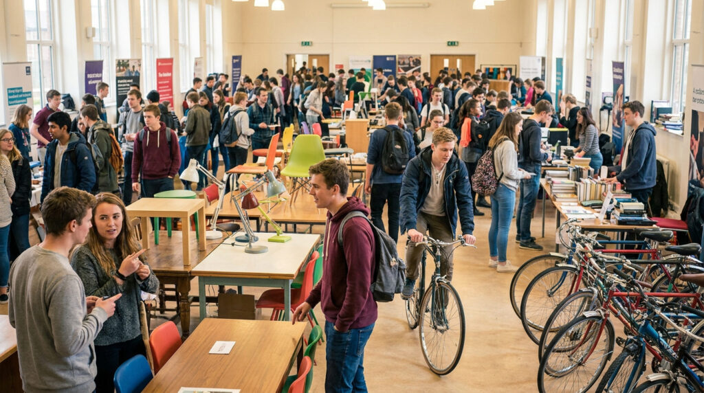 Des étudiants choisissent des meubles, des vélos et des livres lors d'une foire à l'équipement à Nancy.