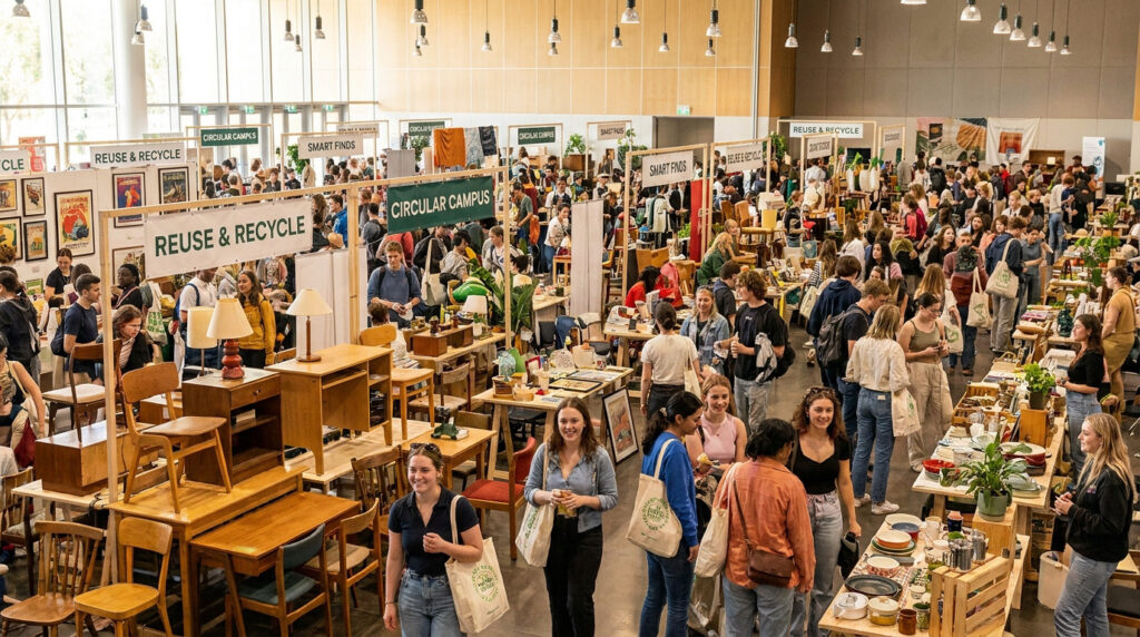 Une grande salle remplie d'étudiants chinant des meubles et objets de décoration lors d'une foire de seconde main.