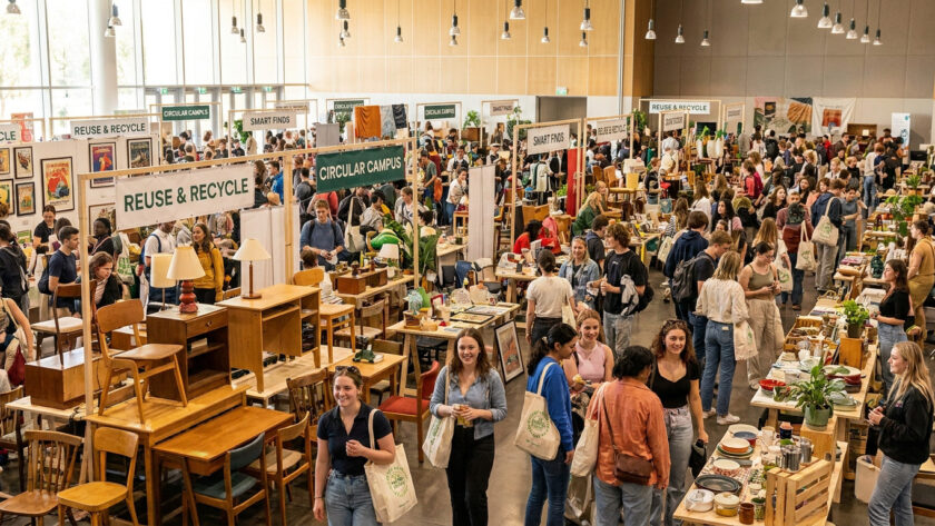 Une grande salle remplie d'étudiants chinant des meubles et objets de décoration lors d'une foire de seconde main.