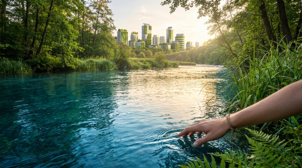 Une main effleurant une rivière cristalline face à une ville futuriste végétalisée.