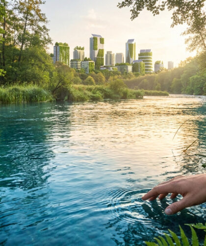 Une main effleurant une rivière cristalline face à une ville futuriste végétalisée.