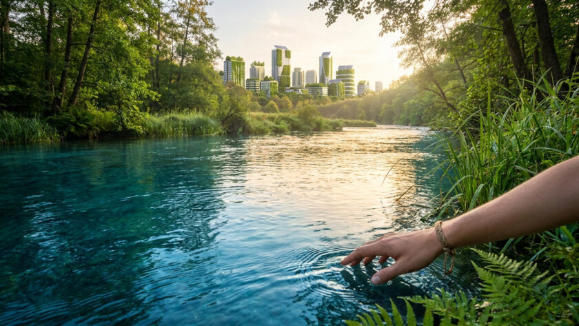 Une main effleurant une rivière cristalline face à une ville futuriste végétalisée.