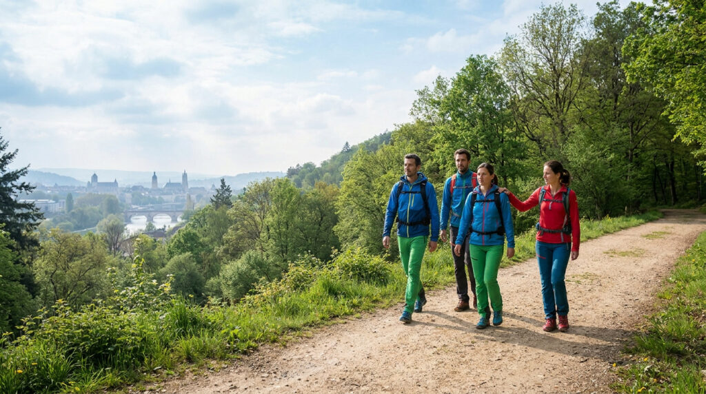 Groupe de quatre randonneurs marchant sur un sentier en forêt avec une ville en arrière-plan.