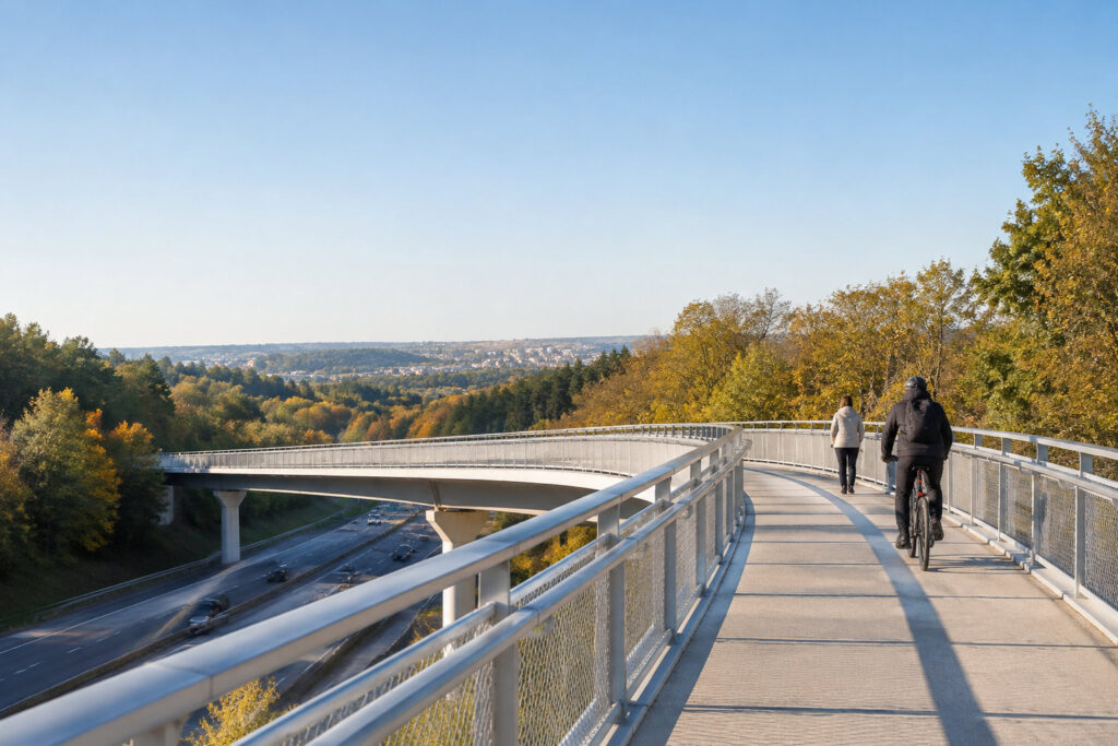 Vue sur la passerelle cyclable et piétonne du Bois des Fourasses à Laxou au-dessus de l'autoroute A31.