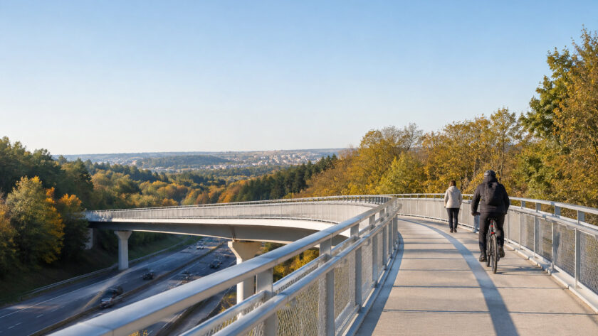Vue sur la passerelle cyclable et piétonne du Bois des Fourasses à Laxou au-dessus de l'autoroute A31.