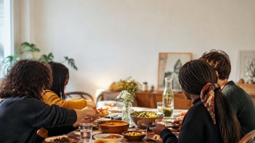 Un groupe d'étudiants internationaux partageant un repas convivial autour d'une table en bois garnie de plats variés.